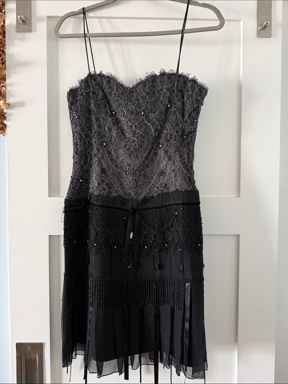 Niteline Black Lace Beaded Spaghetti-Strap Mini Dress